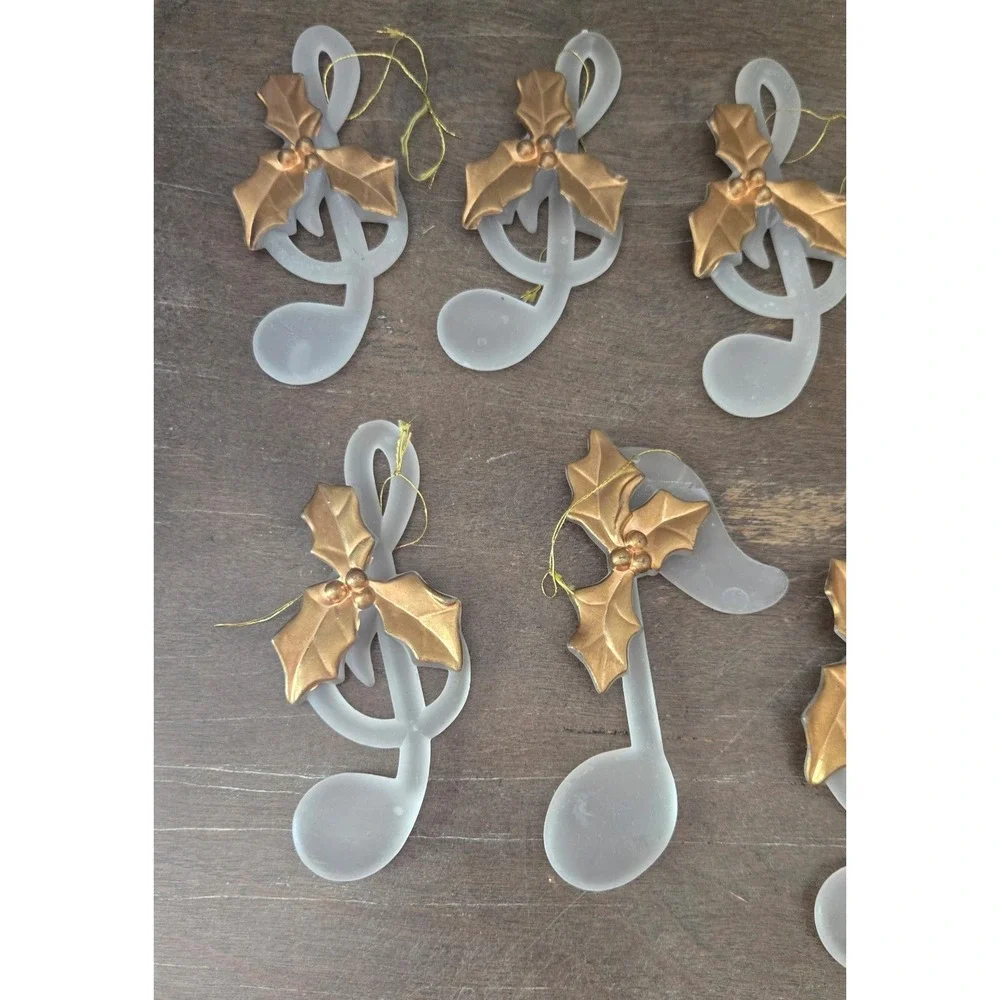 7 Vintage Frosted Glass Treble Clef Christmas Ornaments Gold Holly Music Lot
